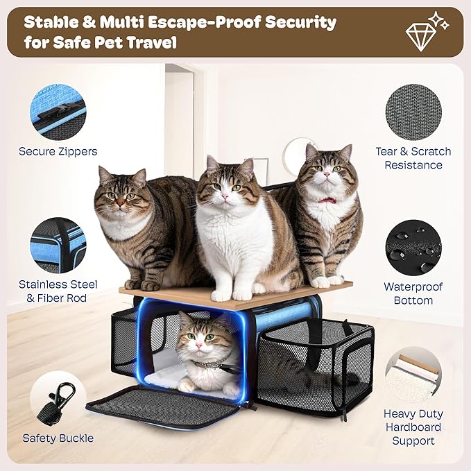Top and 2 Sides Expandable Cat Carrier 18x13.5x9.5, TSA Airline Approved Dog Carriers for Small Dogs, Soft-Sided Pet Carrier with Self-Locking Zippers for Kitten,Rabbit, Puppy, Guinea Pig Blue