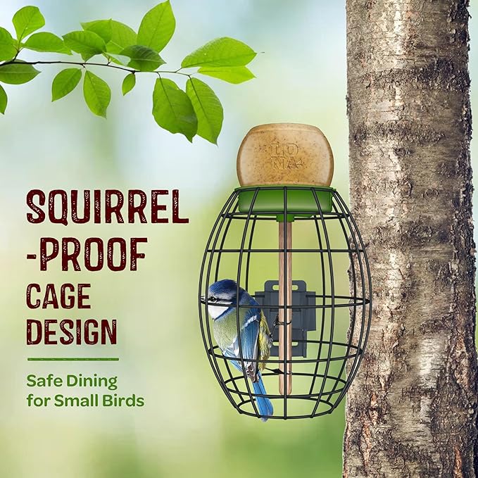 LONA Squirrel Proof Bird Feeding Cage for Outdoor, All-Weather Metal Caged Bird Feeder with Peanut Butter Jar Holder, Trapeze Stick, Chew-Proof Feeding Cage for Small Birds (Oval Cage, 1 Feeding Unit)
