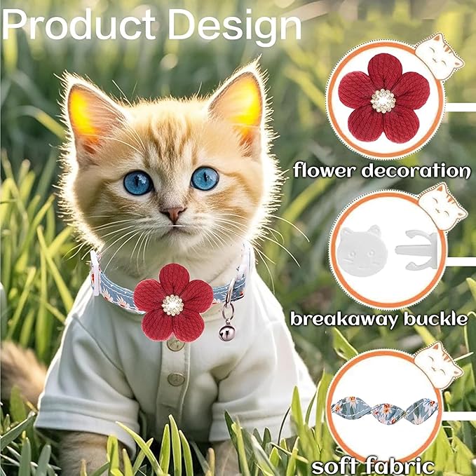 Cat Collar Breakaway, HYQHYX Kitten Collar with Bells, Rhinestone Kitty Collar with Flower for Female Male Cats and Puppy Dog