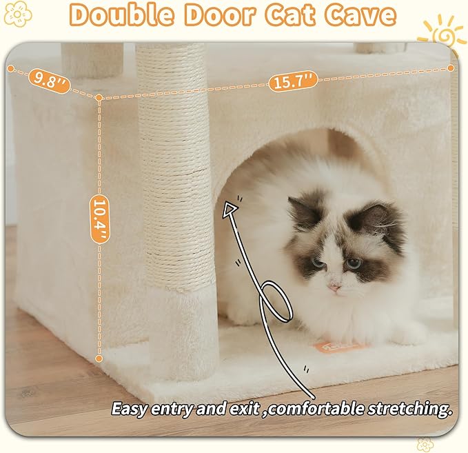 Heybly Cat Tree, Kitten Tower with Large Soft Cat Basket, Cat Condo with Spacious Cat Bed Cave with Hidden Space, Sisal-Covered Scratching Posts, Dangling Ball for Indoor Cats, Beige HCT008SM