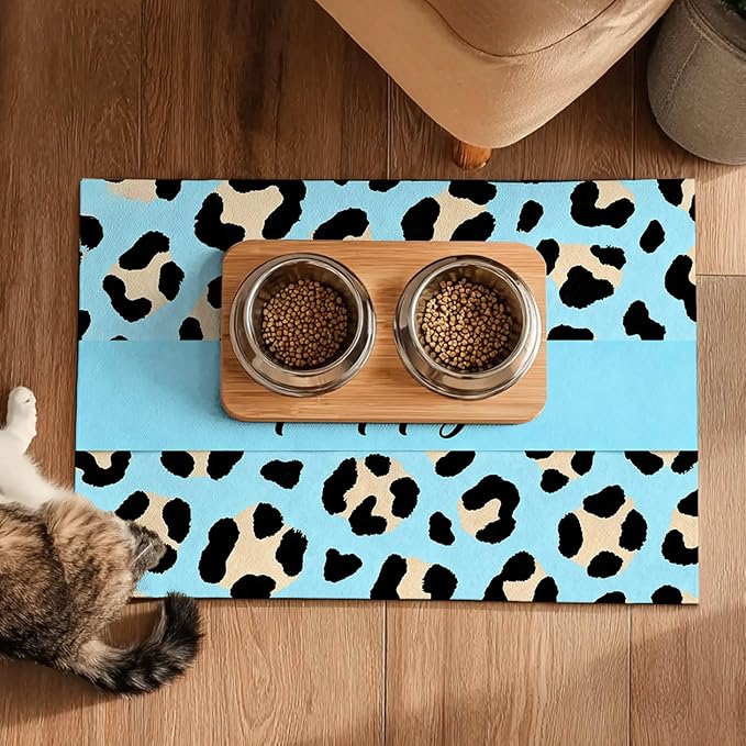 Puppy Feeding Mat 24x16 inch Blue Leopard Print Pet Bowl Placemat Non Slip Floor Mat for Food and Water Indoor Dog Feeding Station Cute Meal Pad for Small Pets Kitchen Use
