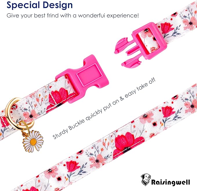 Cotton Dogs Collar Light Pink Flower Patterns for Boys and Girls Cute Dog Collars Summer Fall Gift Adjustable for Medium to X-Large Breed Dogs (L)