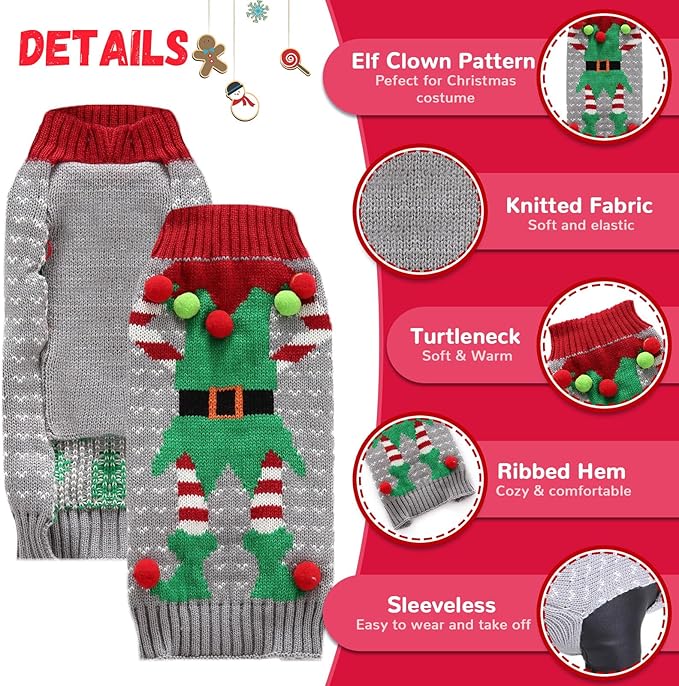 Dog Cat Ugly Christmas Sweater Boy Girl Xmas Pet Clothes Holiday Puppy Costume New Year Gifts for Small Medium Large Dogs Outfits (XS, Grey Elf)