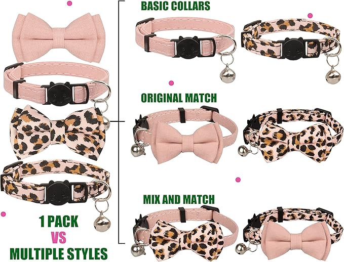 Collar for Cat Pet Breakaway with Bell Bowtie Detachable Bow Adjustable Safety Kitten Puppy Girl Boy 2pcs Pink Leopard & Pure