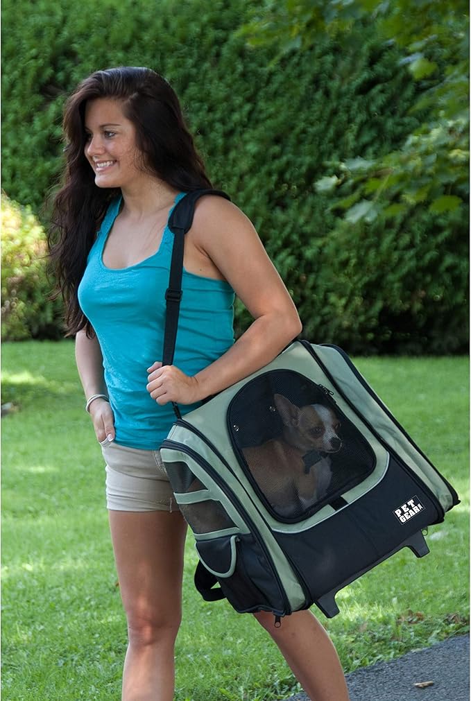 Pet Gear I-GO2 Roller Backpack, Travel Carrier, Car Seat for Cats/Dogs, Mesh Ventilation, Included Tether, Telescoping Handle, Storage Pouch