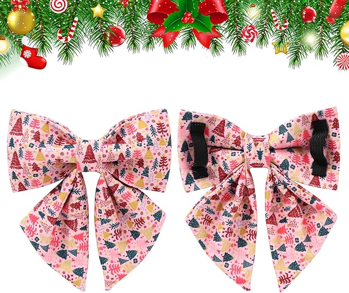 Christmas Dog Collar with Bow Tie, Pink Christmas Tree Collars for Dogs, Adjustable Pet Collar with Cute Xmas Tree Pendant, Winter Dog Accessories for Small Medium Large Dogs M