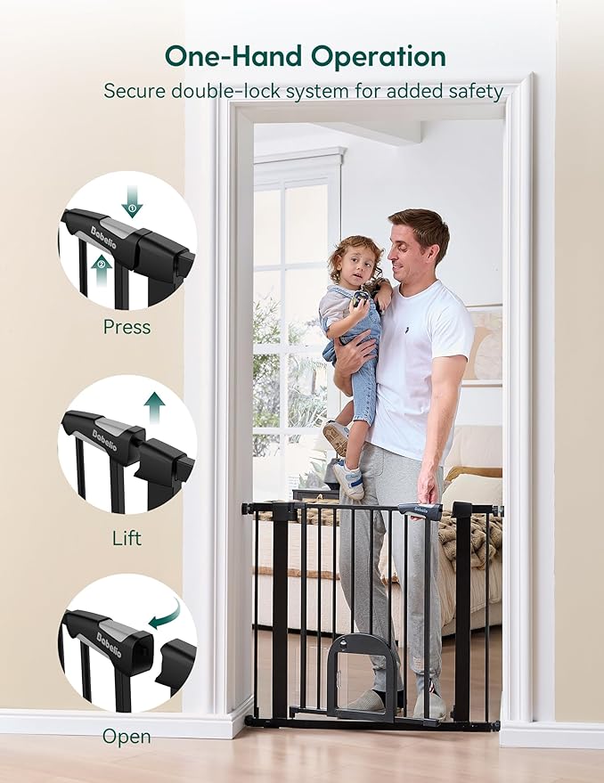 Babelio Upgraded Baby Gate with Cat Door, Auto Close Durable Dog Gate for Stairs, Doorways and House, Easy Walk Thru Safety Gate with Pet Door Includes 4 Wall Cups, 29-48" Wide, 30" Tall, Black
