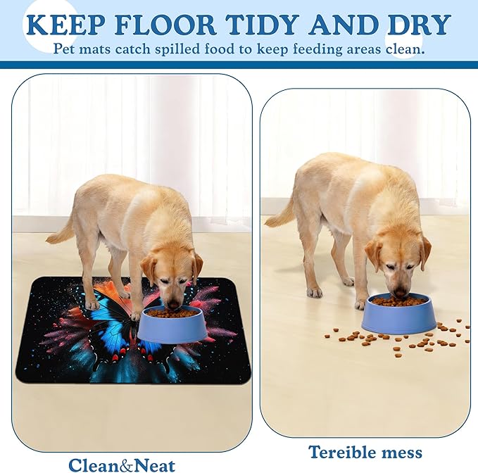 Blue Butterfly on Blooming Pet Feeding Mat– Christmas Stocking Quick Dry Absorbent Dog Cat Food Mat, Non Slip Waterproof Bowl Placemat for Messy Eaters, Pet Accessories for Floors 12"x20"