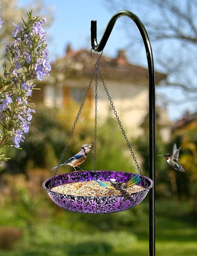 Hanging Bird Bath for Outdoor 11 Inch Colorful Purple&Blue Metal Bird Feeder Birdbath Bowl Mounted Rust-Proof Black Chain Metal Dragonfly Yard Art Garden Decor