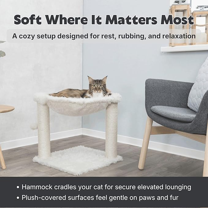 TRIXIE Baza XXL Cat Scratching Posts, Indoor Cat Furniture with Plush Hammock, Jute Scratcher Posts and Dangling Toy Ball, 18.1" L x 18.1" W x 19.7" H, Cream