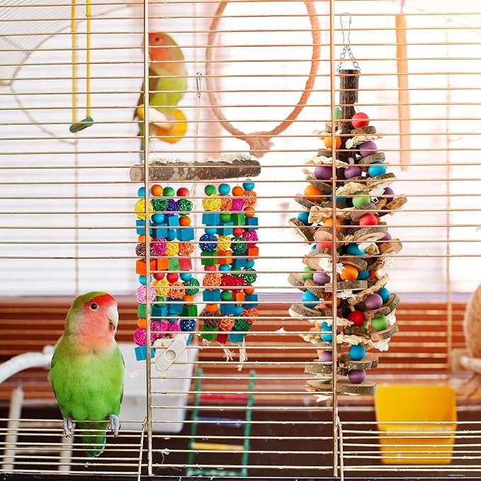 4 Pcs Extra Large Bird Parrot Toy Multicolored Natural Wooden Parrot Cage Chewing Toys for Large Medium Macaws Cockatoos African Grey Birds (Block and Ball)