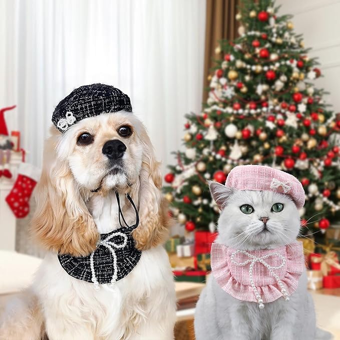 HOWWFALY 2PCS Cat Beret Hat with Pearl Bowtie, Adjustable Bandana Scarf Set Pet Princess Costume for Halloween Christmas, Cat Dog Birthday Party Apparel(Black Pearl)