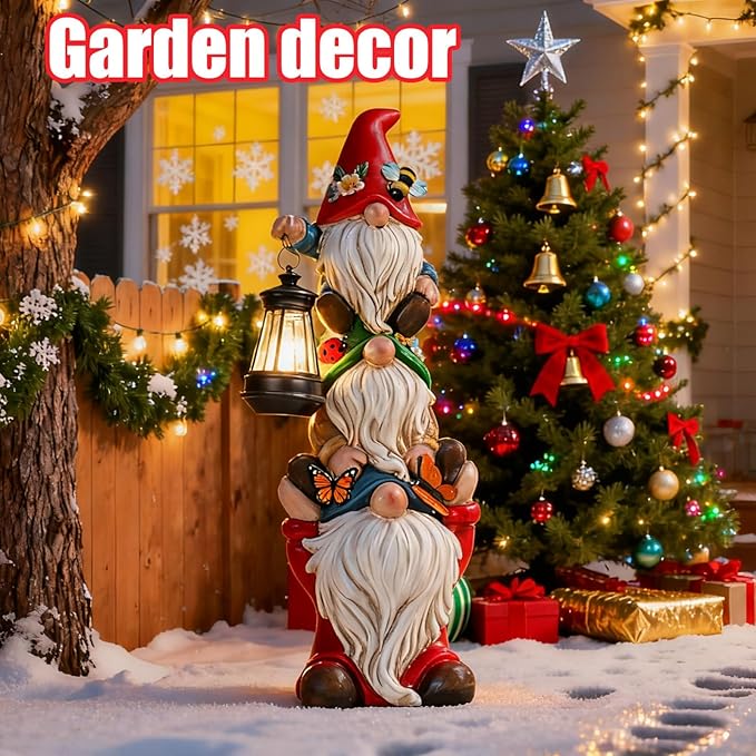 17 in Large Garden Gnome Statue with Solar Lights Sculptures Funny Triple Big Gnome Outdoor Patio Lawn Yard Balcony Garden Home Decor Gifts for Women Mom