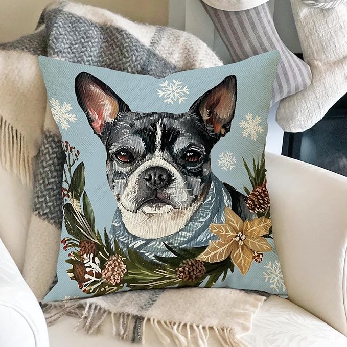 Fahrendom Winter Dogs Decorative Throw Pillow Covers 18 x 18 Set of 4, Boston Terrier Labrador Goldendoodle Porch Outdoor Pillowcase Pet Owner Lover Gifts, Christmas Sofa Couch Cushion Case Home Decor