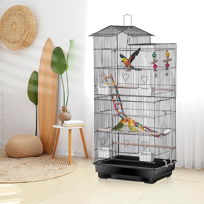 39-Inch Roof Top Bird Cage Large Flight Parrot Cage w/Toys for Small Quaker Cockatiel Sun Conure Parakeet Finch Green Cheek Conure Budgie Lovebird