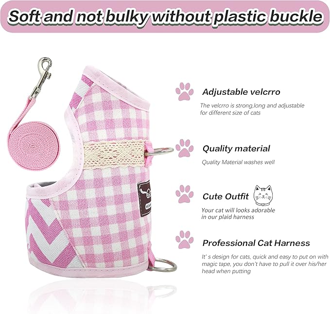 Cat Harness and Leash for Walking Escape Proof, Adjustable Cat Vest Harness, Padded Stylish Cat Walking Jackets, Pink Plaid, X-Small