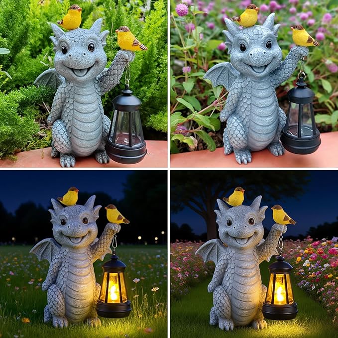 ILLUMINEW Solar Dragon Garden Statue with Lantern and Birds – Resin Dinosaur Figurine with LED Light for Yard, Outdoor Decor, Gifts for Mom, Women (Dragon)