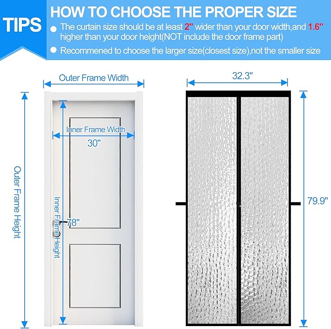 RELIANCER Magnetic Thermal Insulated Door Curtain,Waterproof EVA Door Cover,Fit Doors Size Up to 30"x78",Temperature Protection Insulated Doorway Curtain Partition,Patio Self-Closing Doors Net Screen
