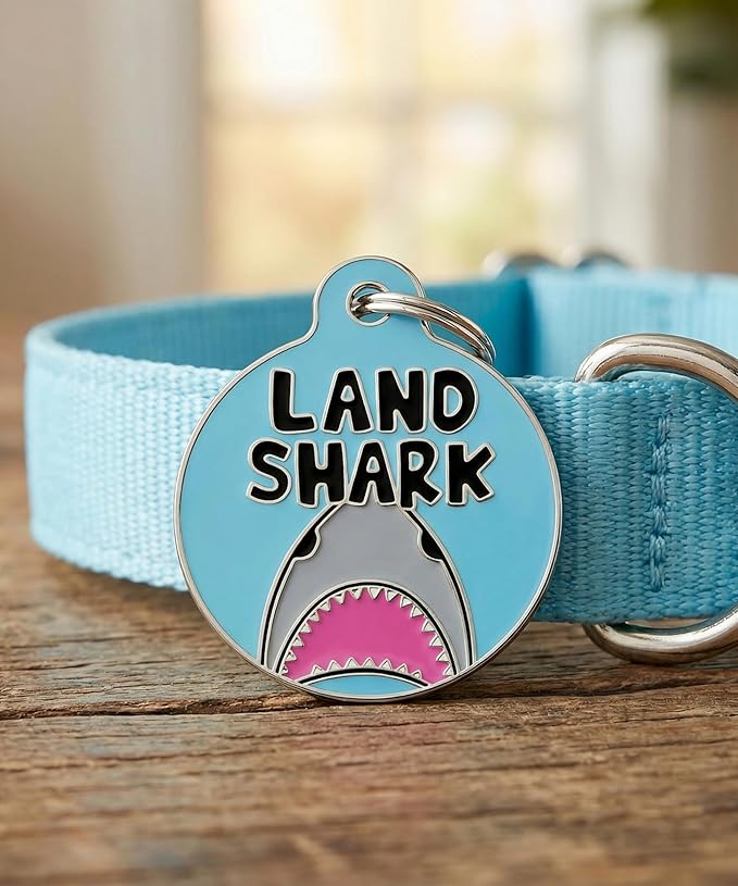 Bad Tags Personalized Dog and Cat ID Tags in 25+ Designs and 2 Sizes - 5 Lines of Custom Engraved Text - Funny Cute Personalized Pet Tags (Land Shark, Large (1.25 inch))