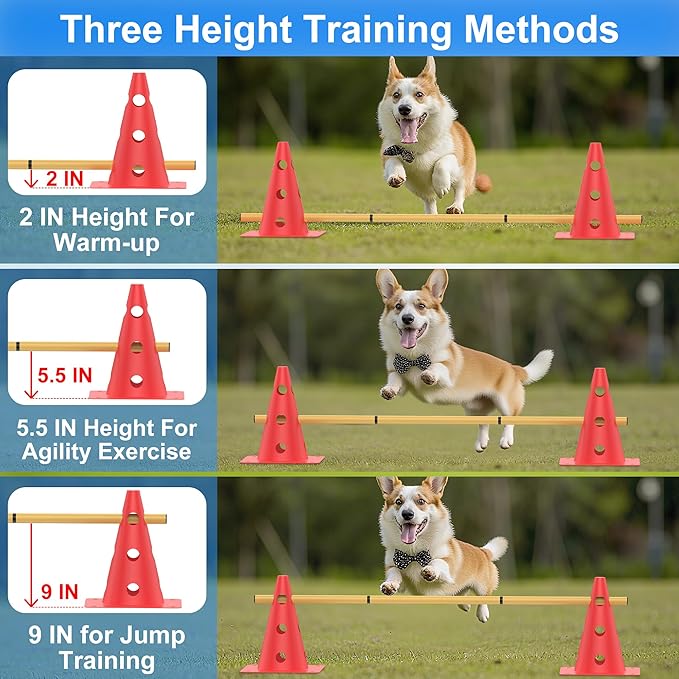 Dog Agility Training Hurdle Cone Set, Adjustable Dog Agility Equipment Obstacle Course Backyard Equipment for Pet Exercise 6 Set
