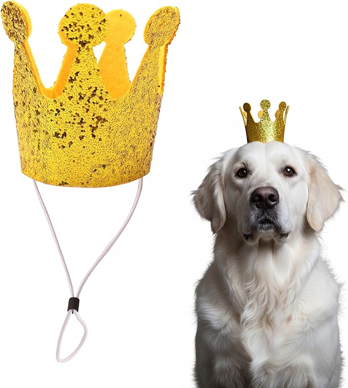 Gold Dog Birthday Crown, 3.54 Inch Height Glitter Pet Crown, Mini Party Hat for Cat Stuffed Animals, Small Puppy Kitten 1st Birthday Celebration, Adjustable Elastic Strap, Photoshoot Props, 1 PC