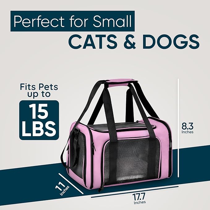 Pet Travel Carrier Bag – Airline Approved Soft-Sided Dog & Cat Carrier, Foldable, Breathable Mesh, Washable Pad – Fits Pets up to 15 lbs – The Pup Quartet (Pink)
