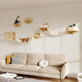 9-in-1 Cat Wall Shelves, Wall Mounted Cats Furniture Set with Plush Fabric, Cat Climbing Wall Systems, Cats Shelf Furniture with Condos, House, Steps, Bridge Ladder, Scratching Post, Beige