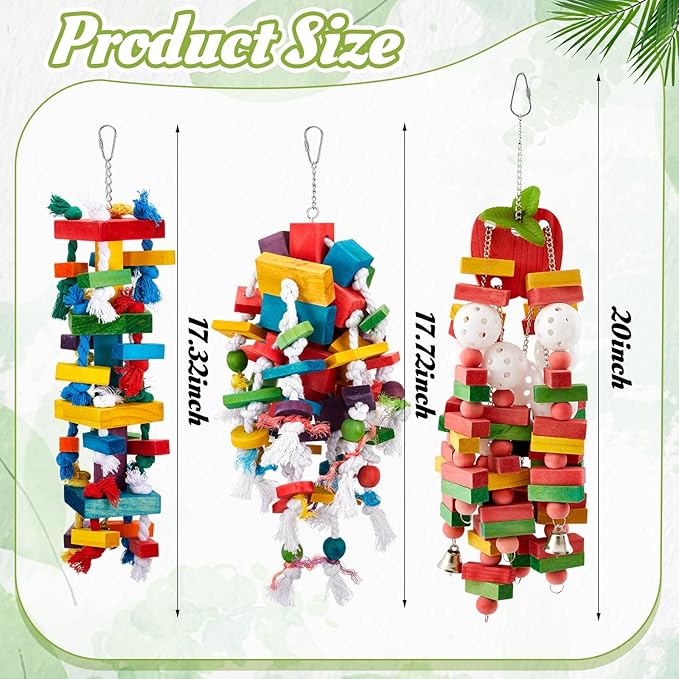 3 Pcs Extra Large Bird Parrot Toy Multicolored Natural Wooden Parrot Cage Chewing Toys for Large Medium Macaws Cockatoos African Grey Birds (Block and Rope)