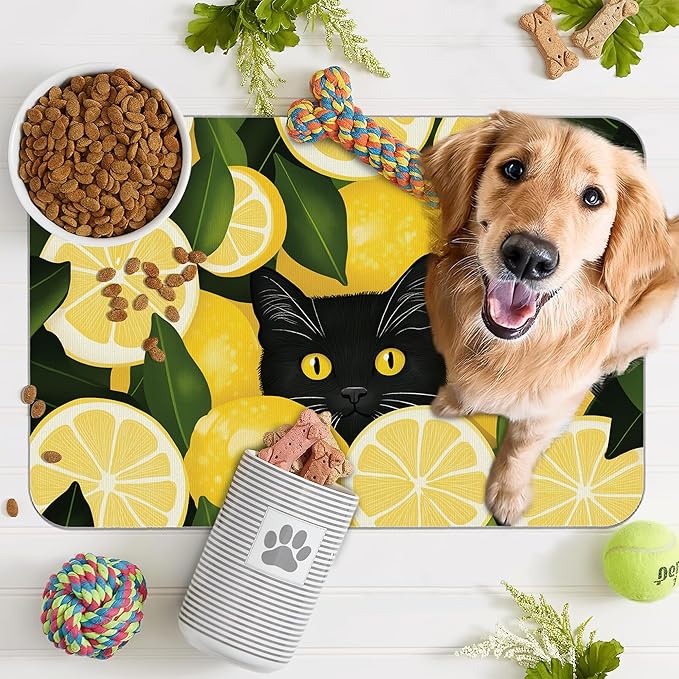 Black Cat Funny Dog Food Mat for Floors,Lemon Absorbent Pet Food and Water Bowl Mats,Non-Slip Pet Feeding Mat,Pet Supplies 16" x 24"