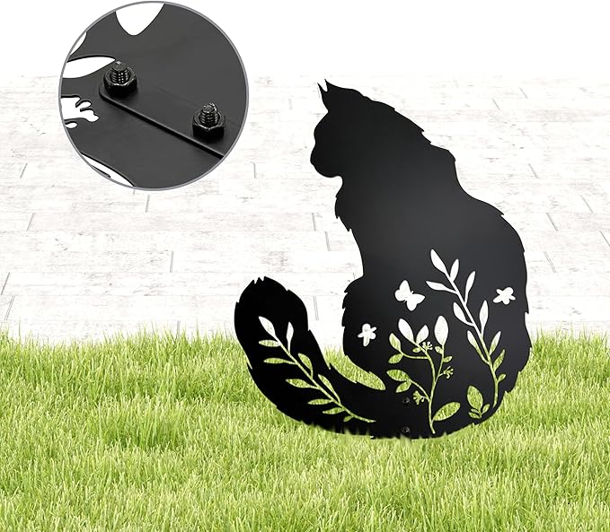 Maine Coon Cat Garden Stake - Elegant Black Cat Statue with Floral Design for Outdoor Decor, Pet Memorial Gifts, and Yard Art, Decorative Metal Cats Grave Markers for Lawn and Garden, Cats Lover Gifts