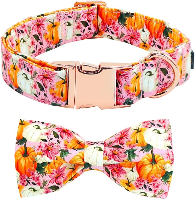 Fall Dog Collar, Pink Flower Pumpkin Print Adjustable Pet Collar Cute Cotton Soft Collars with Bow Tie Metal Buckle Holiday Puppy Collars Boy&Girl Gift for Small Dogs