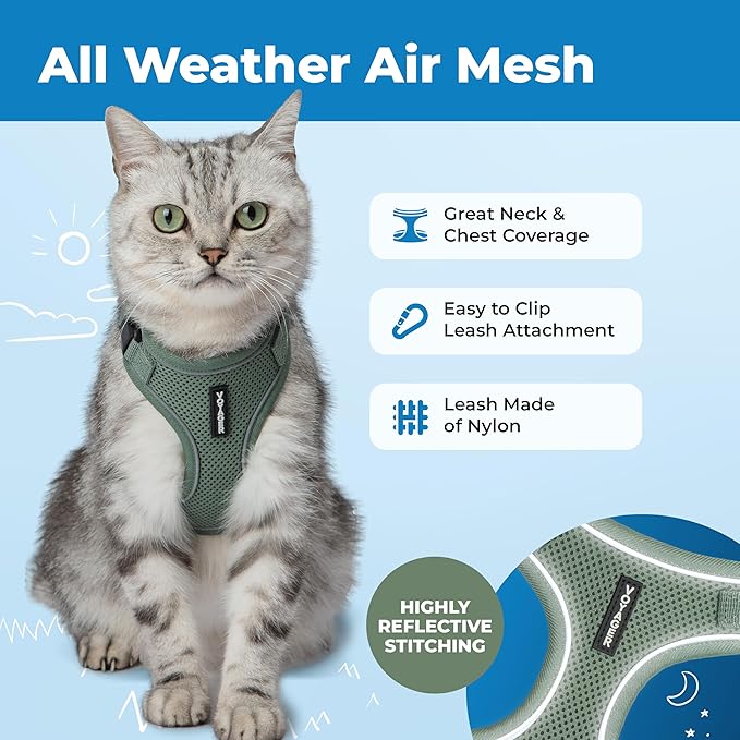 Voyager Escape-Proof Step-in Lock Cat Harness & 5ft Neoprene-Handle Leash Set All-Weather Mesh with Reflective Stitching for Small to Large Cats by Best Pet Supplies, Moss Green (327), S