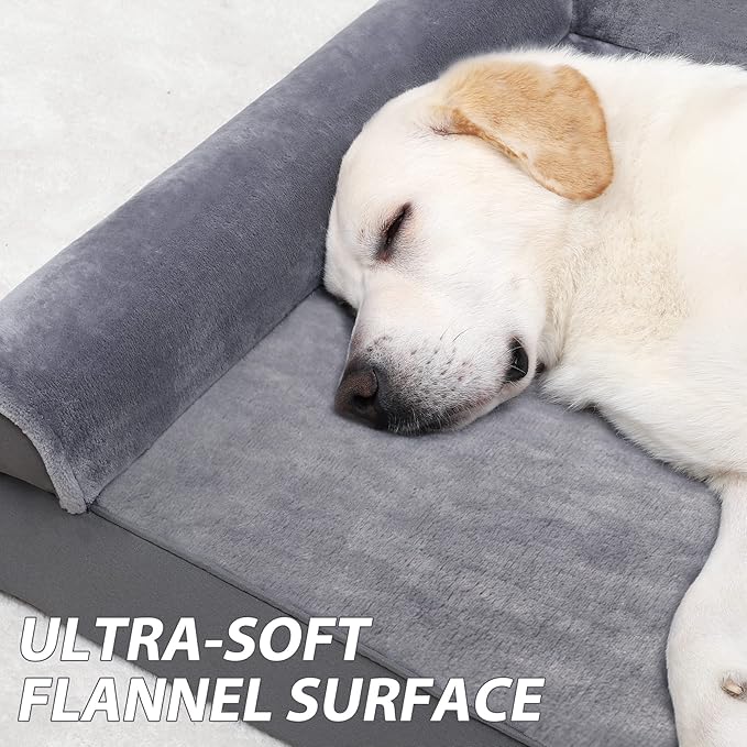 KSIIA Orthopedic Dog Bed Waterproof Flannel Bolster Couch with Egg Crate Foam for Large Dogs with Removable Washable Cover & Nonskid Bottom, 48 x 35 Inch, Gray