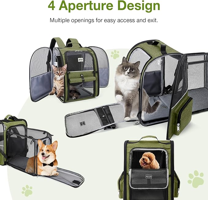 Lekebobor Large Cat Backpack Carrier Expandable Pet Carrier Backpack for Small Dogs Medium Cats Fit Up to 18 Lbs, Dog Backpack Carrier, Foldable Puppy Backpack Carrier for Travel, Hiking,Dark Green