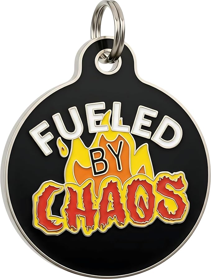 Bad Tags Personalized Dog and Cat ID Tags in 25+ Designs and 2 Sizes - 5 Lines of Custom Engraved Text - Funny Cute Personalized Pet Tags (Fueled by Chaos, Small (1 inch))