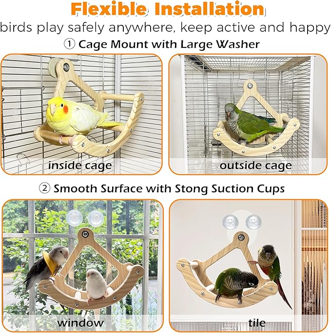 Rocking Bird Toys Perch for Window and Cage, Bird Perch for Wall Suction Mount, Wooden Parrot Toys for Medium Birds, Enrichment Cockatiel Toy Fun and Accessoriess for Budgie, Lovebird, Conure