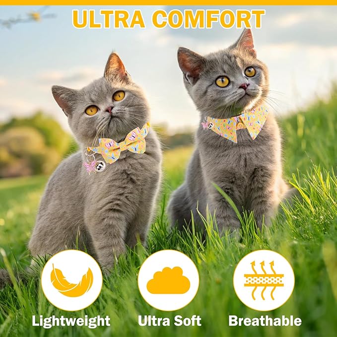 Cat Collar Breakaway with Bells, Gold Butterfly, 2 Pack Soft Butterfly Kitten Collar with Removable Shirt Collar, 8-12Inch