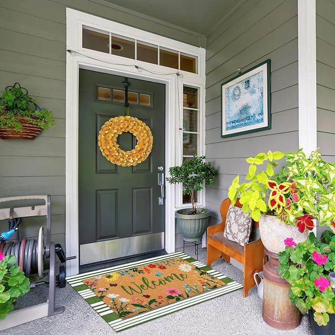 Tinideya 2 Pcs Spring Welcome Door Mat Floral Outdoor Layered Doormats for Front Door Non Slip Wildflower Coir Floor Mat Green White Stripe Rugs for Outside Front Porch Entryway Decor
