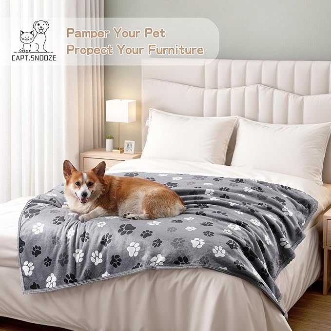 Waterproof Dog Blankets Pet Blanket 60"x80", Soft Fluffy Sofa Car Bed Protector, Reversible Sherpa Fleece Dog Blanket for Large Dogs (Dark Grey-Paws)