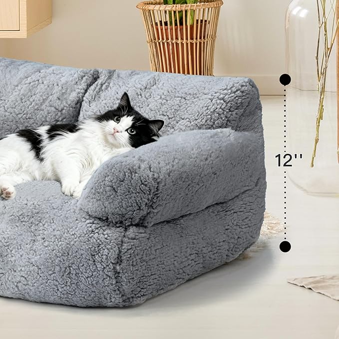 Large Cat Beds for Indoor Cats, Dog Couch Bed, Cute Cat Couch Sofas for Less 20lbs Kitten Puppy, Small Dog Sofas & Chairs with Removable Washable Cover, Soft Warm Pet Furniture, Pale Gray