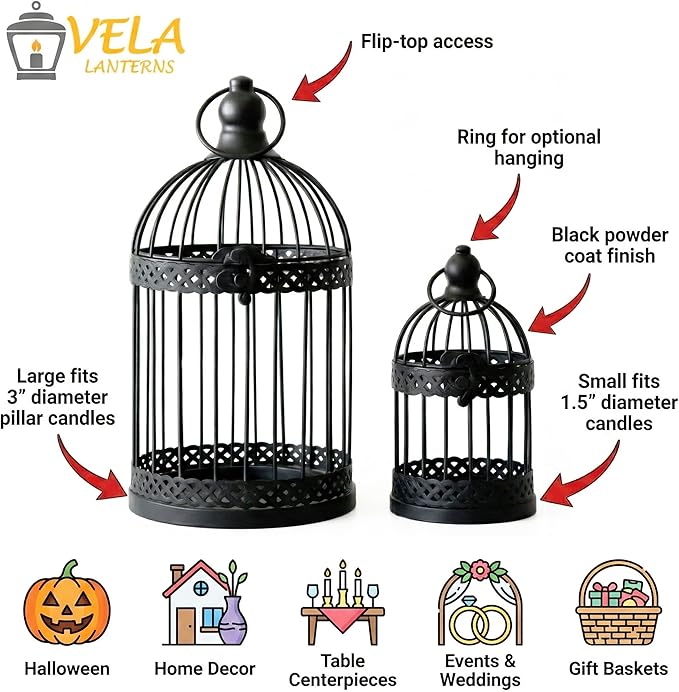 VELA LANTERNS Bird Cage Decor Candle Holder Lantern Decorative Table Centerpiece Halloween Decorations, 10" and 6" Tall, Black, Set of 2