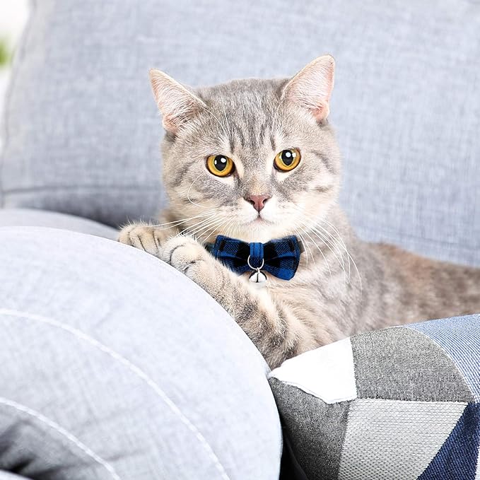 Weewooday 10 Pcs Breakaway Cat Collar with Bow Tie and Bell, Kitten Collar for Cat, Adjustable Cute Plaid Safety Kitty Collars for Birthday Pet Christmas Party Supplies, 10 Styles