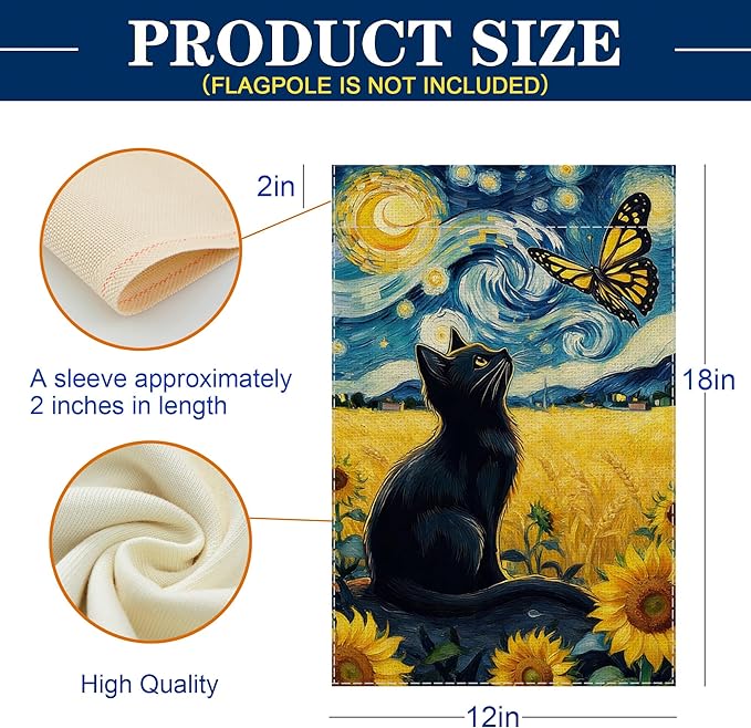 Spring Summer Garden Flag Van Gogh Starry Night Black Cat Banner - Monarch Butterfly Sunflower Art Outdoor Decor for Porch Yard Patio Decorations