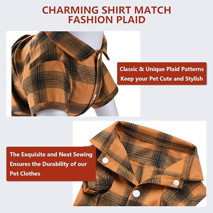 Koneseve Dog Shirt Plaid Dog Clothes for Small Dogs Boy Girl Cat Clothes Soft Puppy Outfit Adorable Pet T-Shirts Kitten Grid Costume Apparel Thanksgiving Christmas Clothing (Yellow; S/Small)