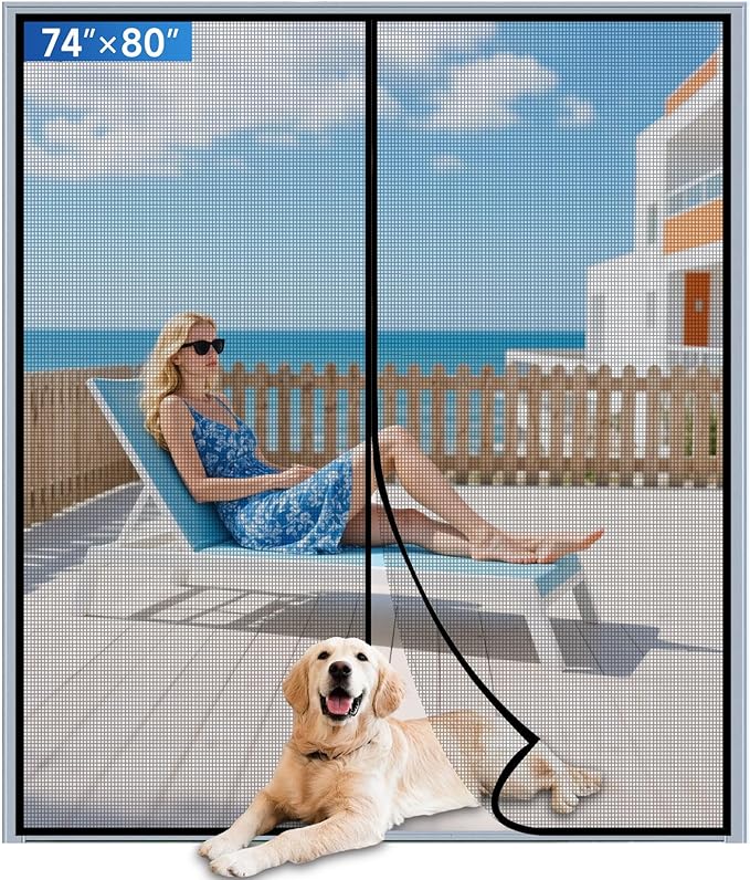Upgraded PET Mesh Magnetic Screen Door Stronger Than Fiberglass and Polyester,Hands Free,Keep Bugs Out,Pet & Kid Friendly,Suitable for Sliding Doors,Patio and French Doors-74" X 80"