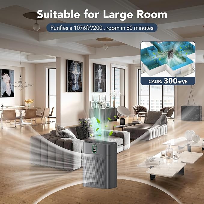 MORENTO Air Purifiers for Home Large Room up to 1076 Sq Ft with PM 2.5 Display Air Quality Sensor for Pet Hair, Double-Sided Air Inlet, 24db, Grey, 1 Pack + 2 Pack Filters
