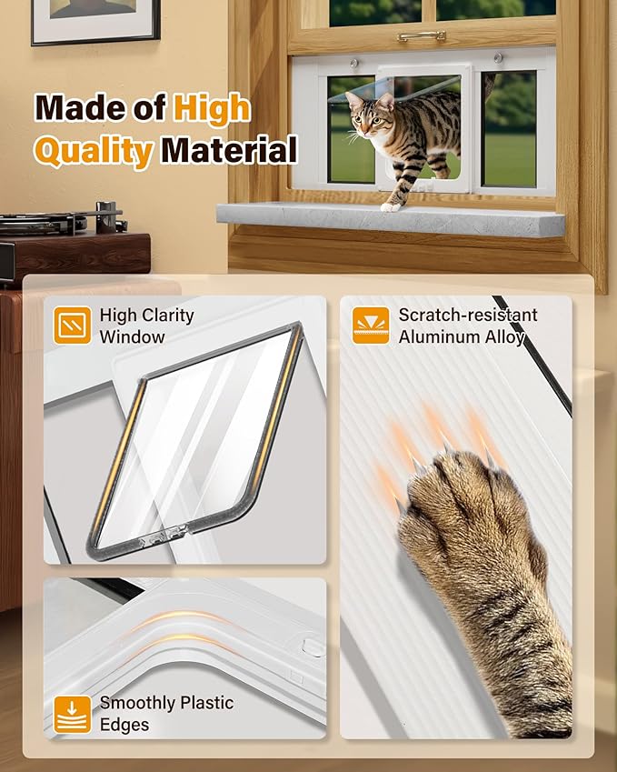 Cat Door for Window Weatherproof: Aluminum Frame Flap Pet Door Quick Fit Window Insert - Easy Adjustable to Fit Windows Width 27"-32" - 4 Secure Lock Modes with Magnetic Closure for Dog Cats