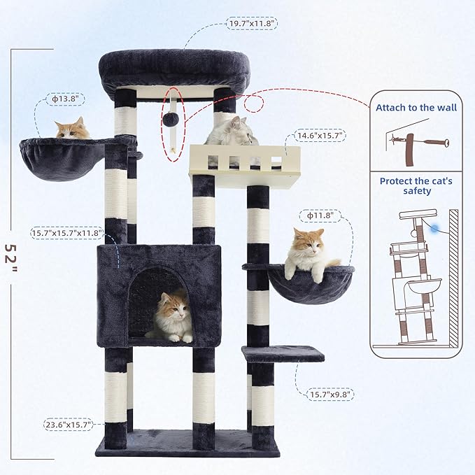 Cat Tree for Indoor Cats Large Adult, Heavy Duty Cat Tree for Large Cats 20 lbs+, Cat Condo with Big Wooden Perch, Cat Tower with 14 Scratching Posts, Hammock, Smoky Gray GCT023G