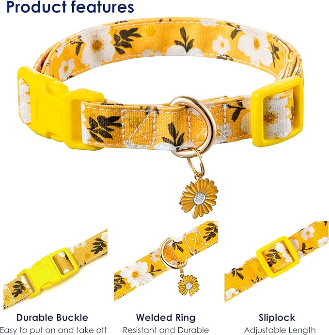 Cotton Dog Collar Yellow Flower Pattern for Boys and Girls Cute Dog Collars Summer Fall Gift Adjustable for Medium to Large Breed Dogs (M)