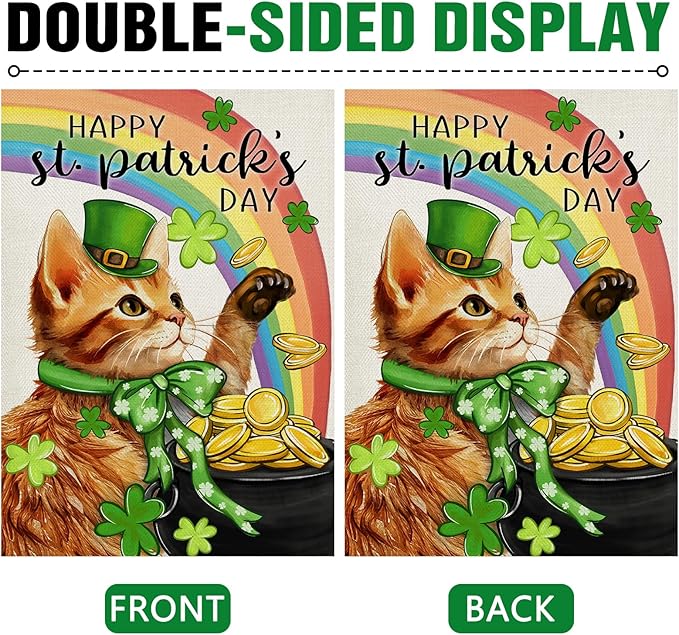 Dyrenson Happy St Patricks Day Orange Cat Decorative Garden Flag, Pet Rainbow Pot of Gold Yard Outside Home Decorations, Spring Irish Shamrock Clover Burlap Outdoor Small Decor Double Sided 12 x 18